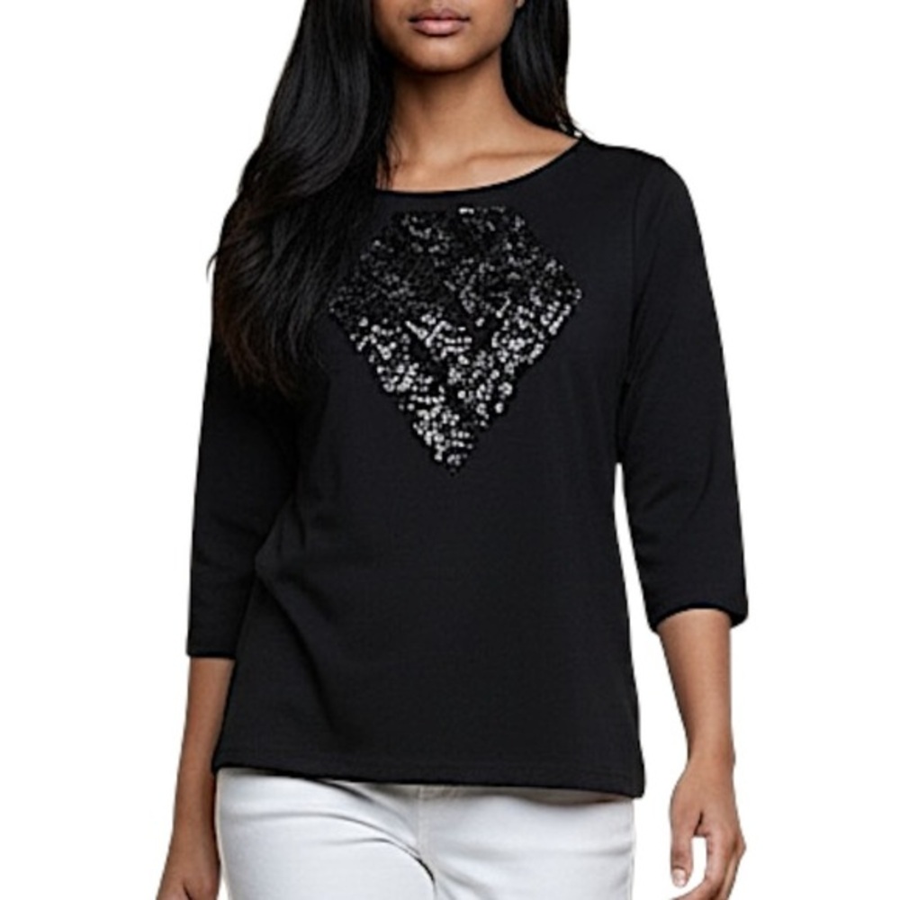 4/$20 Isaac Mizrahi Live Black Sequin Diamond Knit Top Small - Picture 1 of 5
